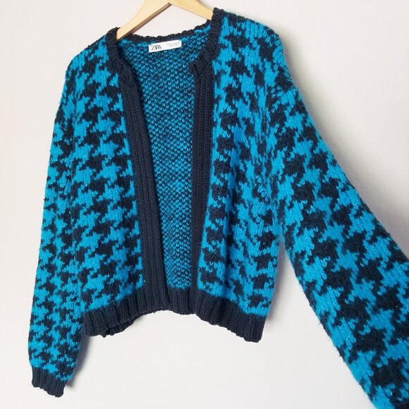 Zara‎ Houndstooth Chunky Blue Black Open Front Cardigan L Slouchy Preppy Casual - Picture 7 of 16